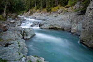 Fiume azzurro che scorre in un bosco